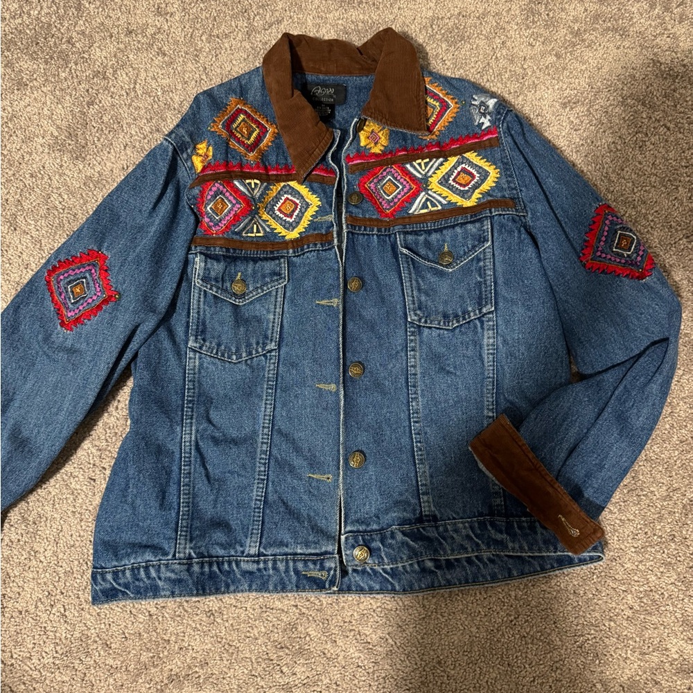 Vintage Embroidered Denim Jacket with Brown Accents